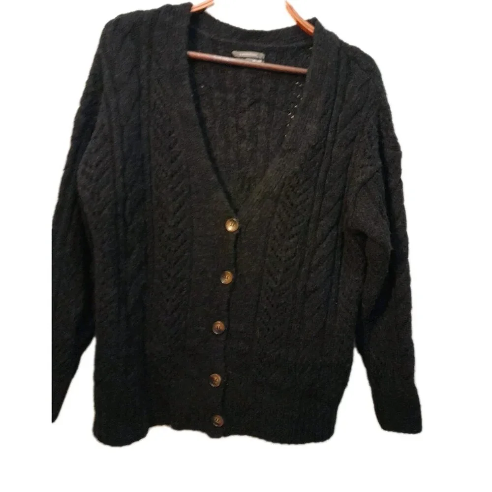 Anthropologie Pointelle Cardigan Sz Small Boho Oversized Cable-Knit Slouchy  Blk - Picture 5 of 11